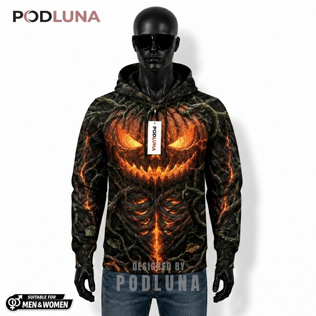 Pumpkin Halloween 3D Hoodie Glowing Vines Skeleton Face Design 1