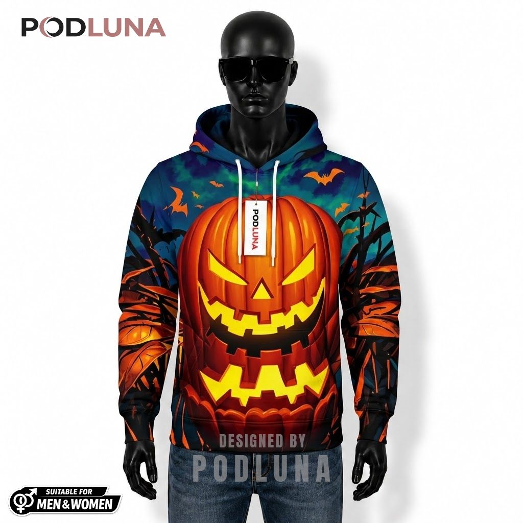 Pumpkin Halloween 3D Hoodie Green Sky Flying Bats Costume 1