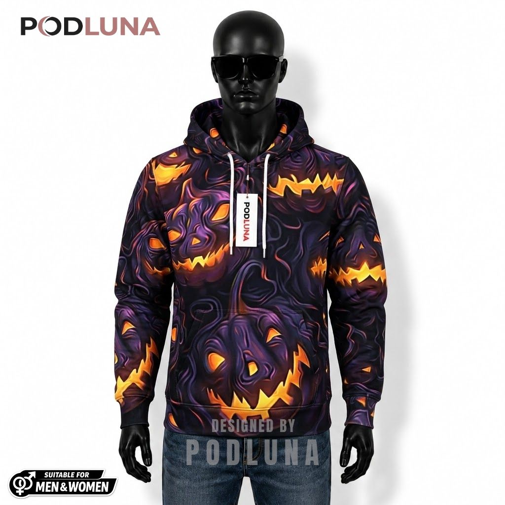 Pumpkin Halloween 3D Hoodie Molten Purple Glowing Faces 1
