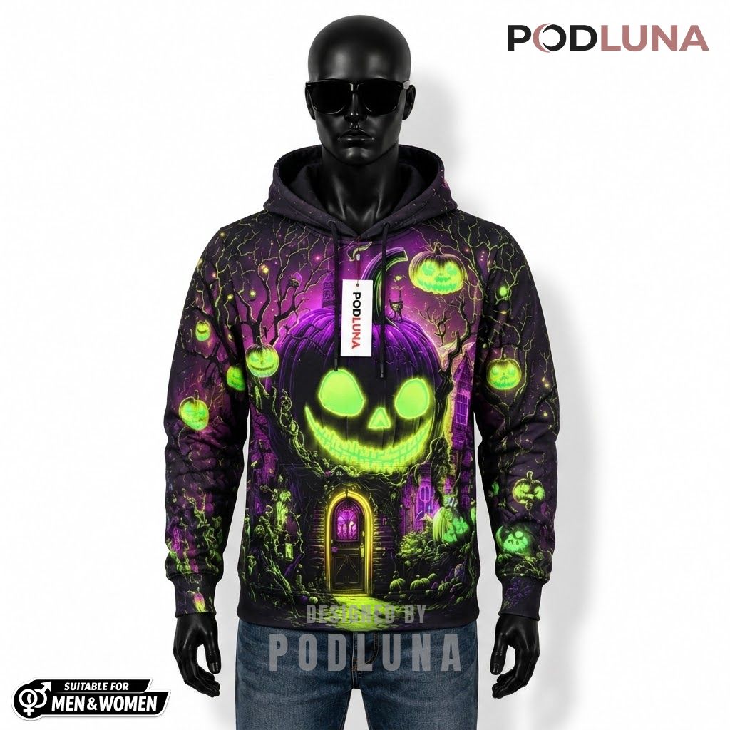 Pumpkin Halloween 3D Hoodie Neon Purple Haunted Tree Design 1