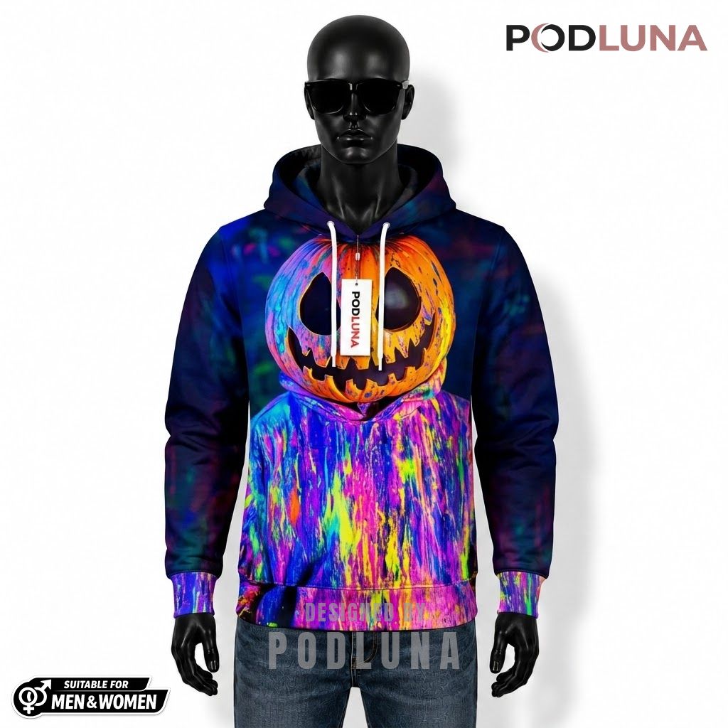 Pumpkin Halloween 3D Hoodie Neon Splatter Paint Colorful 1