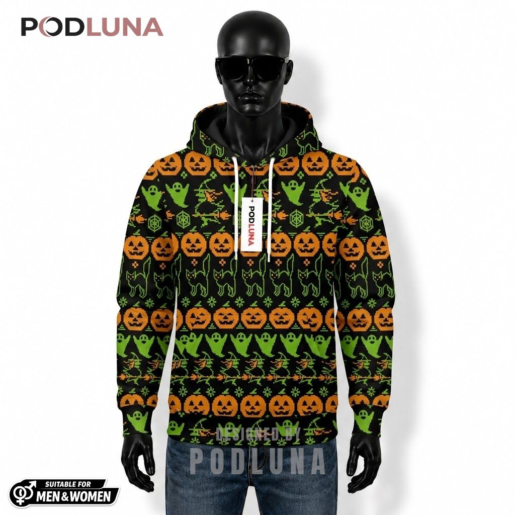 Pumpkin Halloween 3D Hoodie Pixel Cat Witch Row Pattern 1