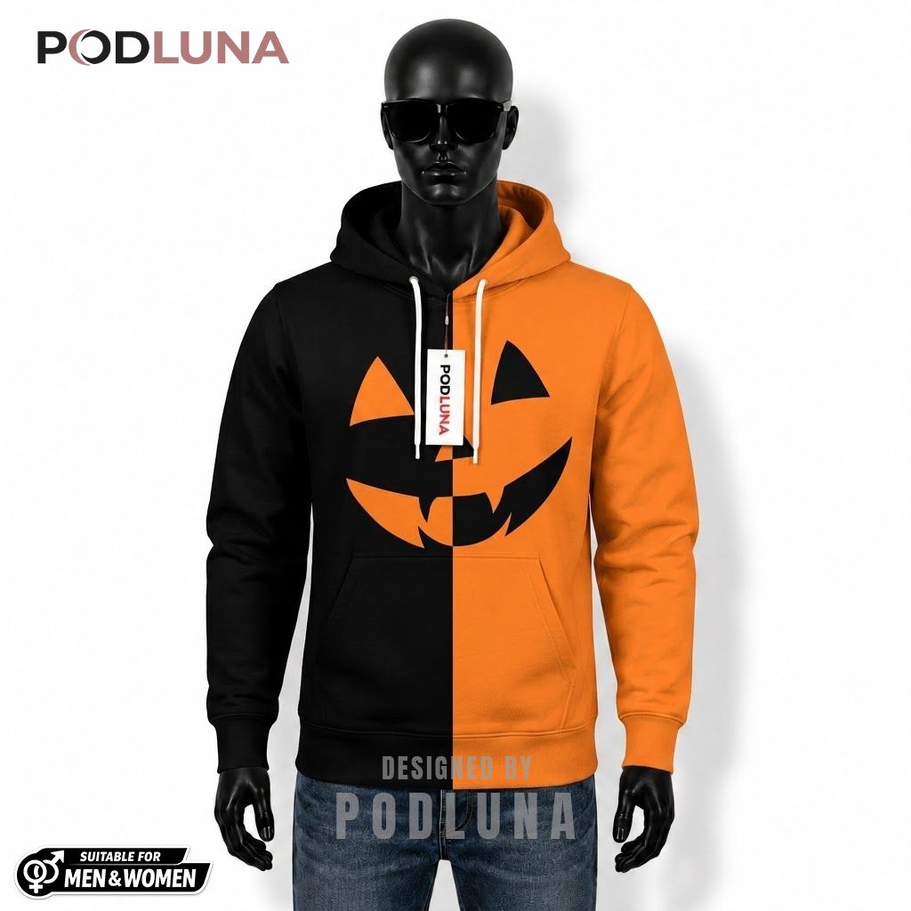 Pumpkin Halloween 3D Hoodie Split Two Tone Jack Face 1