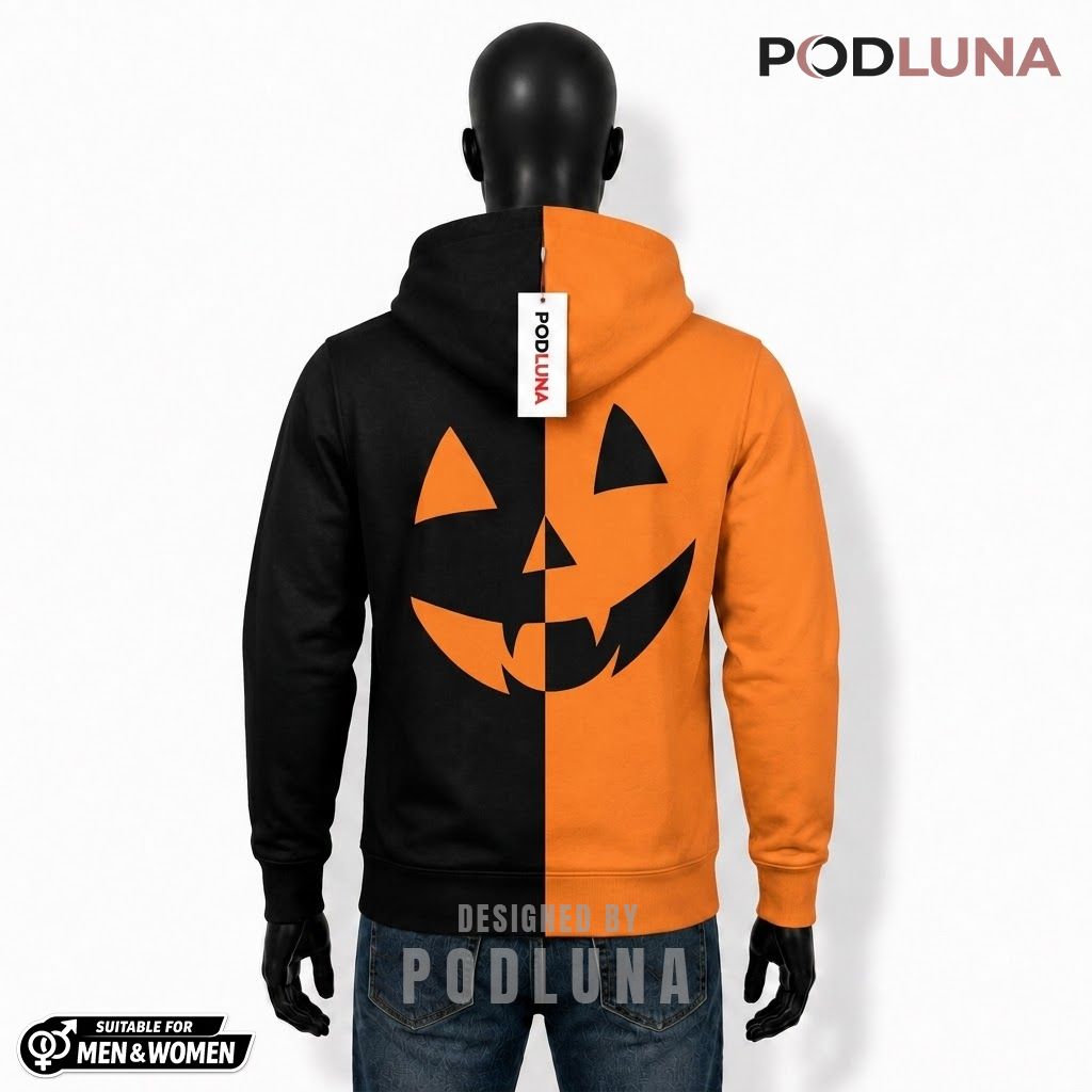 Pumpkin Halloween 3D Hoodie Split Two Tone Jack Face 2 Pumpkin Halloween 3D Hoodie Split Two Tone Jack Face 2