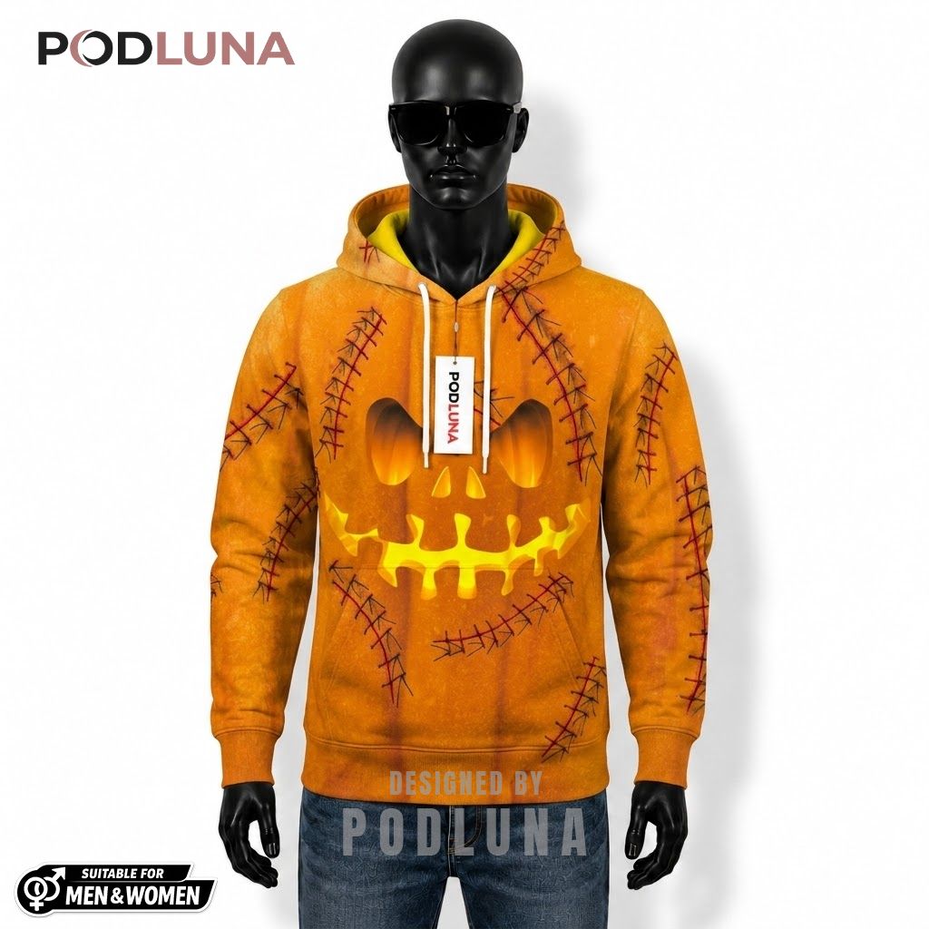 Pumpkin Halloween 3D Hoodie Stitched Face Orange Costume Design 1