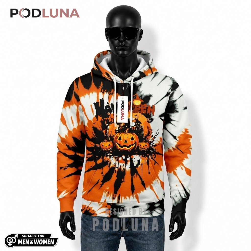 Pumpkin Halloween 3D Hoodie Tie Dye Burst Haunted Castle 1