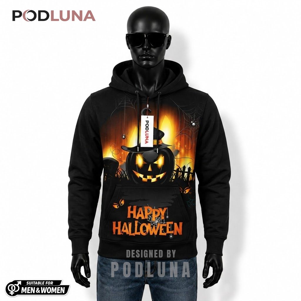 Pumpkin Halloween 3D Hoodie Witch Hat Graveyard Glow Design 1