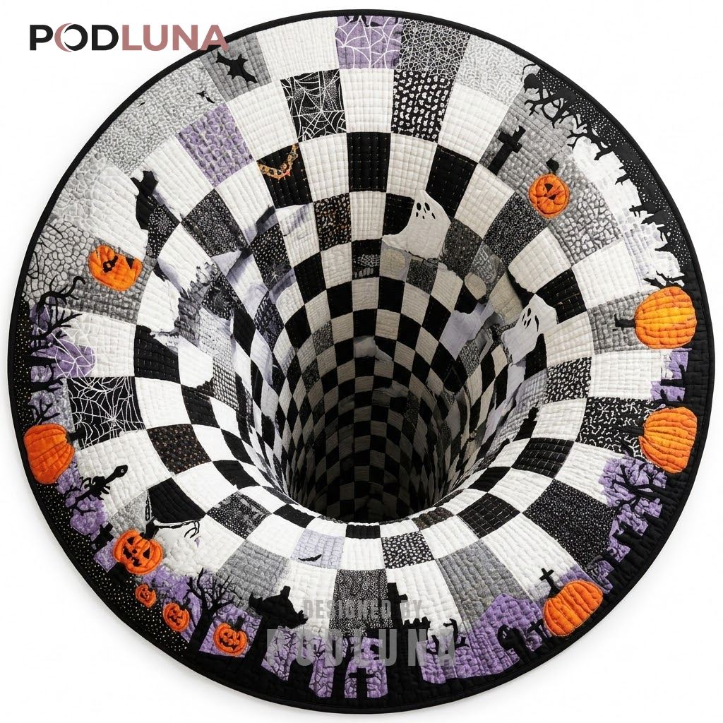 Pumpkin Halloween 3D Rug Graveyard Silhouette Checkered Border
