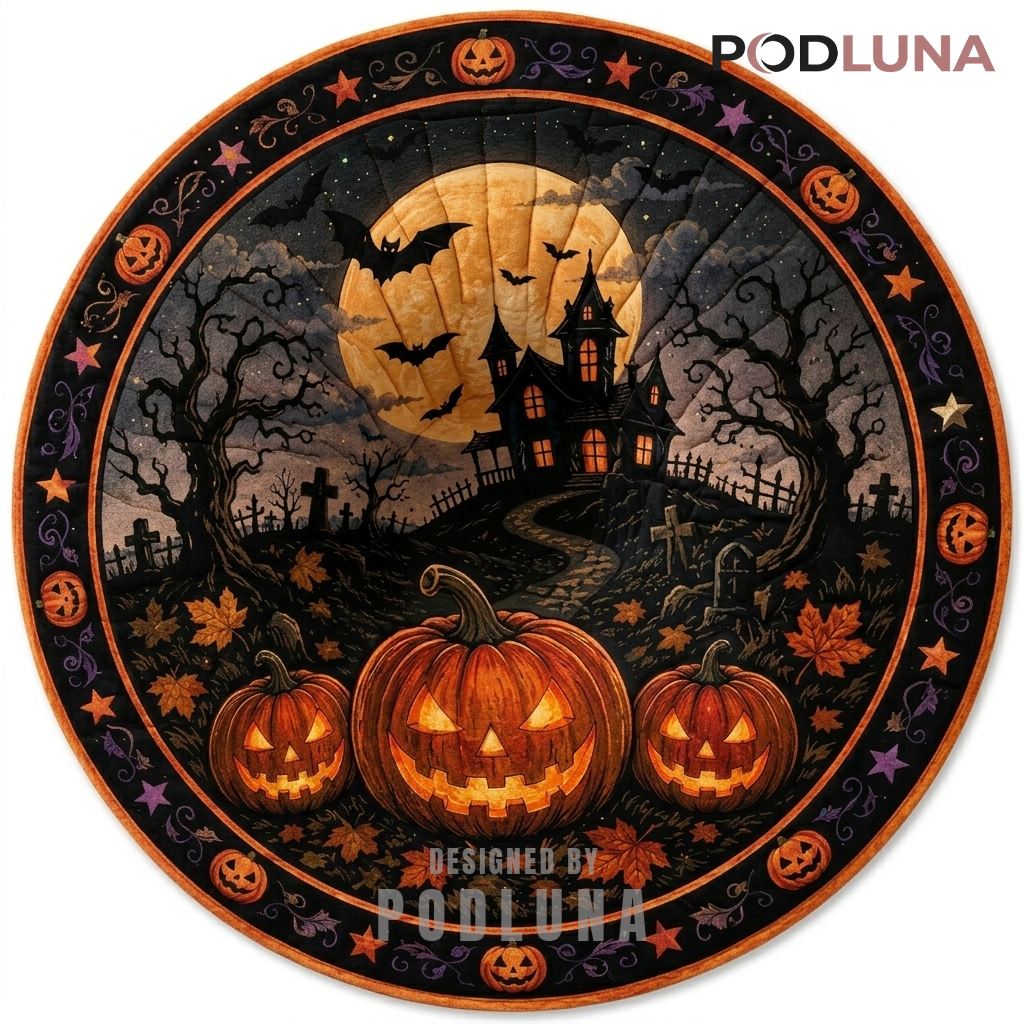 Pumpkin Halloween 3D Rug Haunted House Full Moon Graveyard Scene