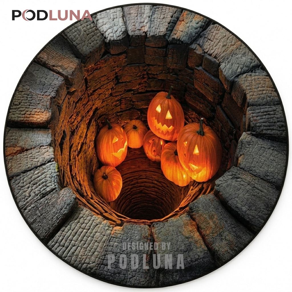 Pumpkin Halloween 3D Rug Stone Well Illusion