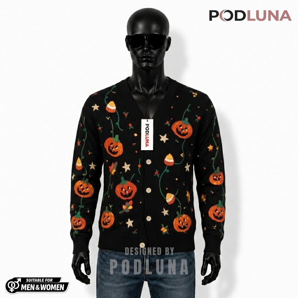 Pumpkin Halloween Cardigan Vine Lights Star 1