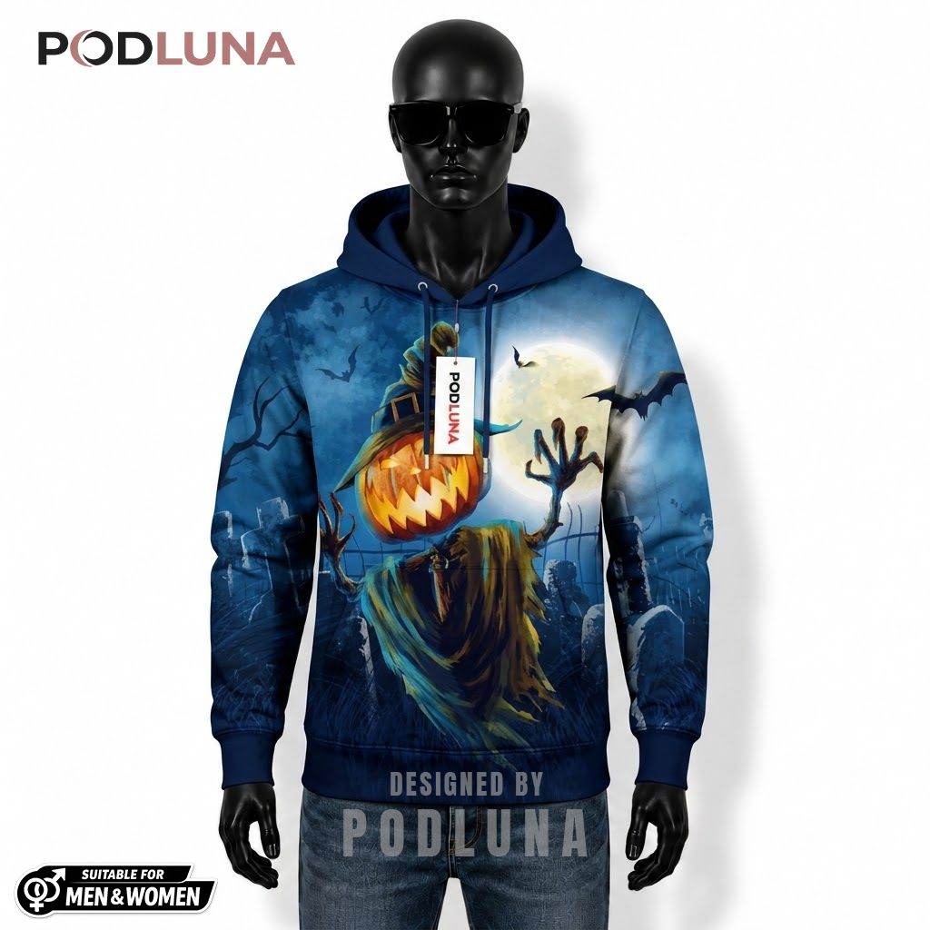 Pumpkin Scarecrow Halloween 3D Hoodie Blue Moonlit Cemetery 1