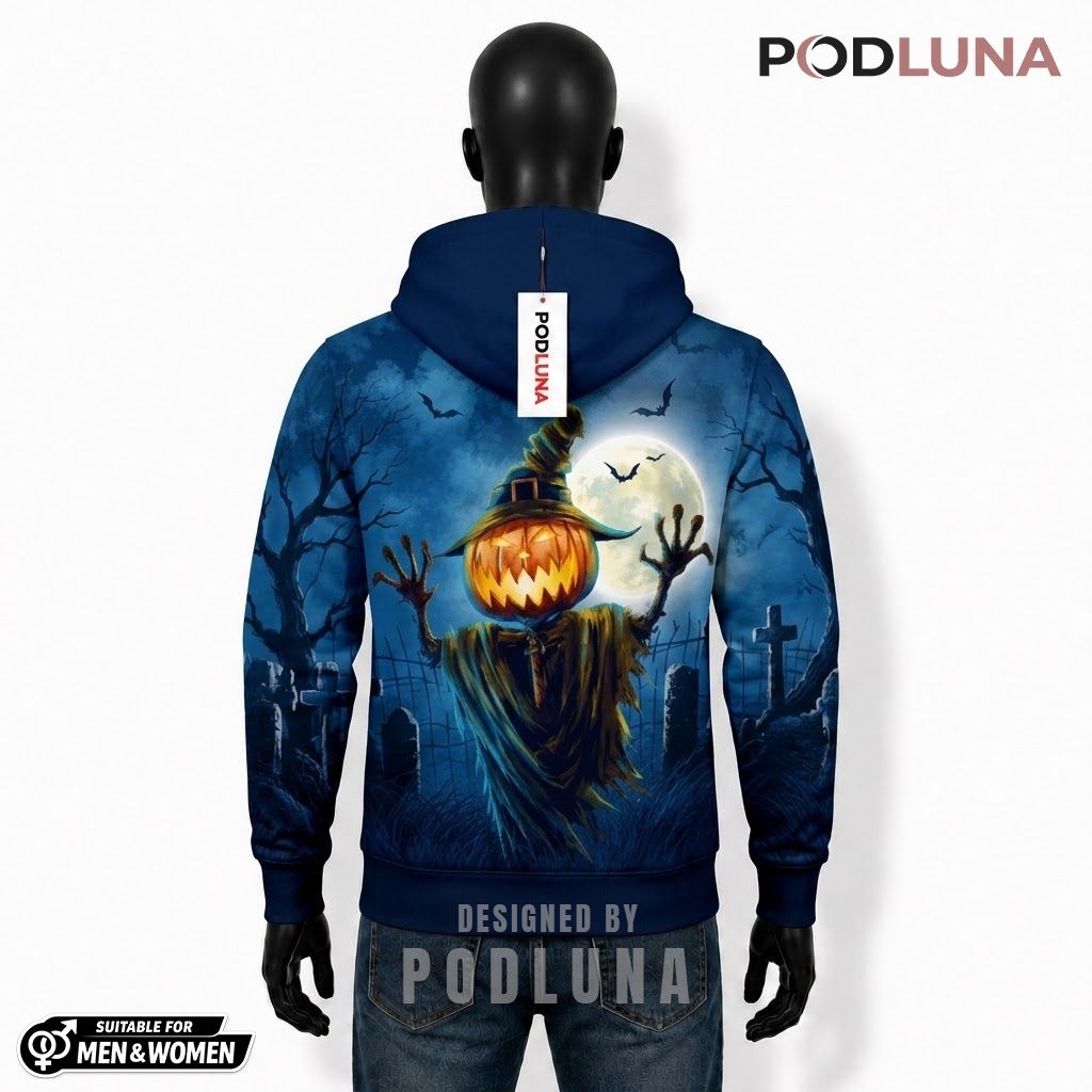 Pumpkin Scarecrow Halloween 3D Hoodie Blue Moonlit Cemetery 2 Pumpkin Scarecrow Halloween 3D Hoodie Blue Moonlit Cemetery 2