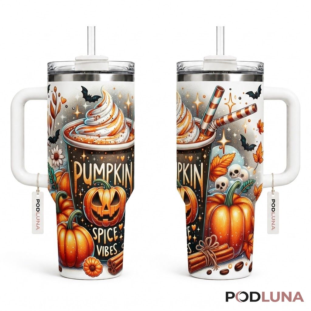 Pumpkin Spice Vibes Halloween Tumbler 40oz Latte Skull Design