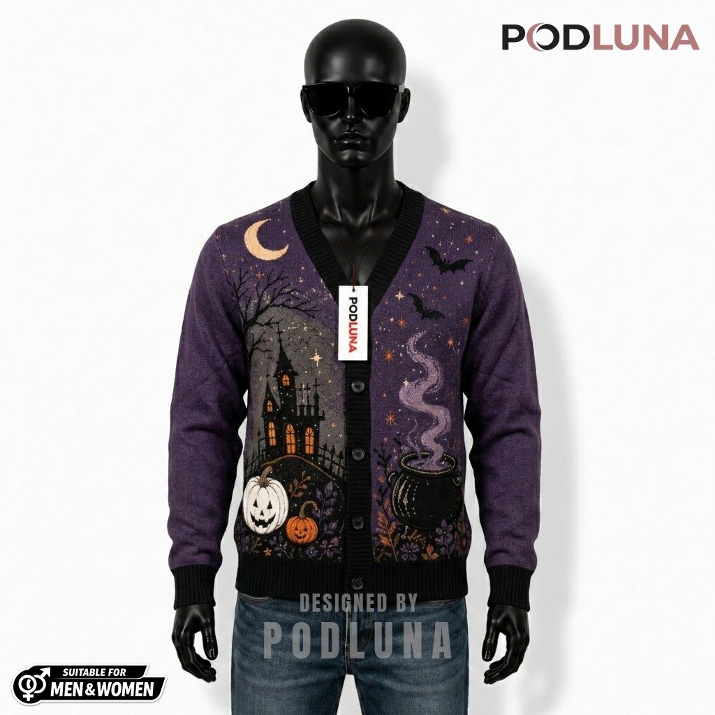 Purple Halloween Cardigan Haunted House Cauldron 1
