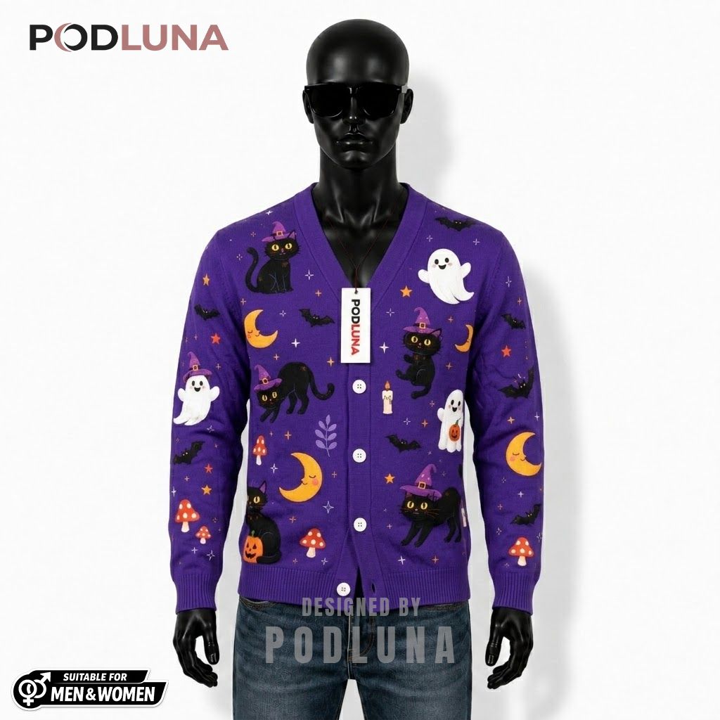 Purple Halloween Cardigan Witch Black Cat Ghost Moon 1