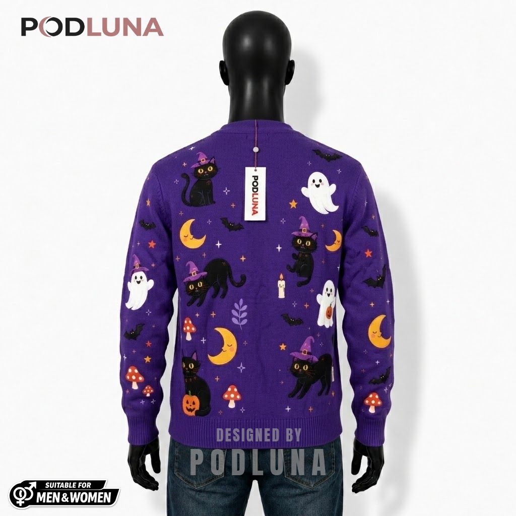 Purple Halloween Cardigan Witch Black Cat Ghost Moon 2 Purple Halloween Cardigan Witch Black Cat Ghost Moon 2