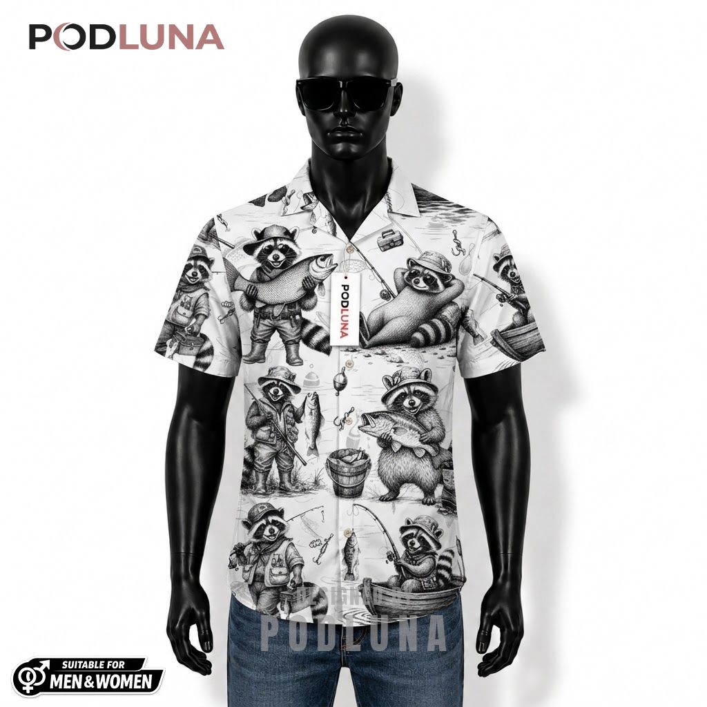 Raccoon Fishing Hawaiian Shirt Cartoon Sketch Black White Front