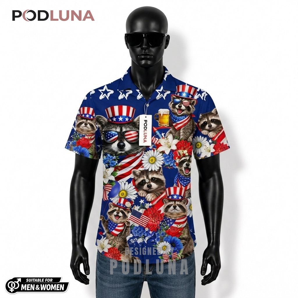 Raccoon Patriotic Hawaiian Shirt Beer Flower Stripe Print Front