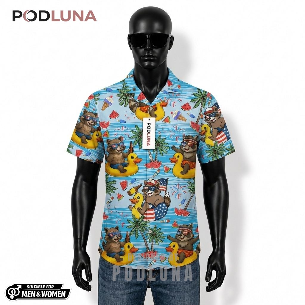 Raccoon Patriotic Hawaiian Shirt Duck Float Beach Print Front