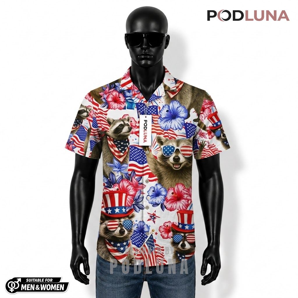 Raccoon Patriotic Hawaiian Shirt Sunglasses Hibiscus Print Front