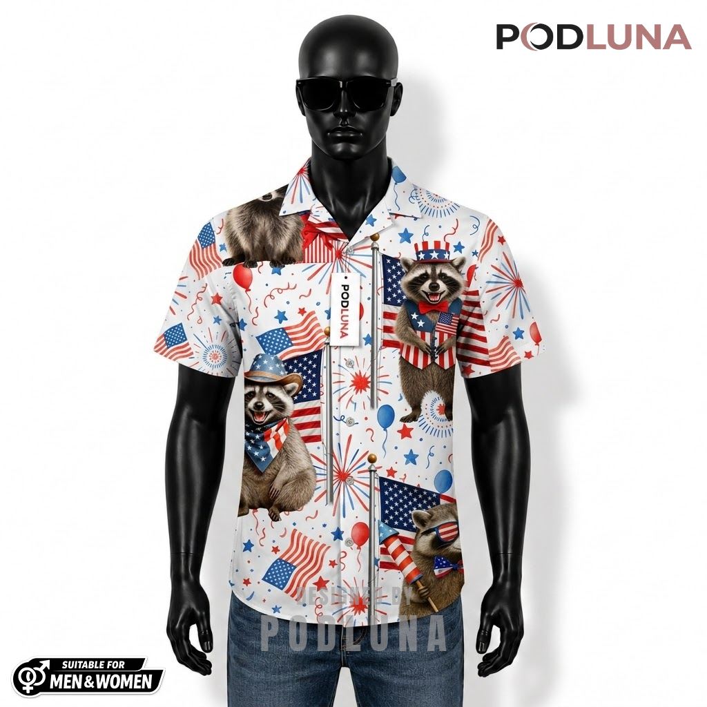 Raccoon Patriotic Hawaiian Shirt USA Flag Balloon Print Front
