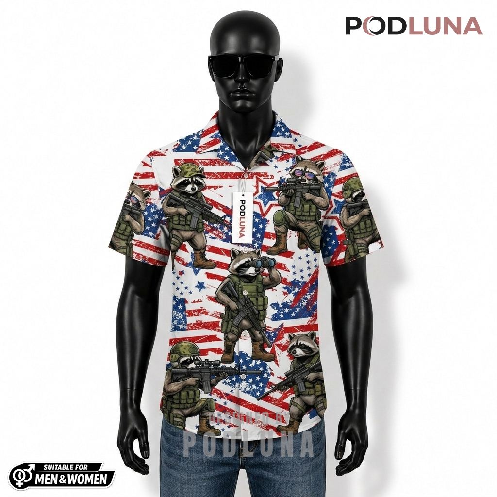 Raccoon Soldier Patriotic Hawaiian Shirt USA Flag Print Front