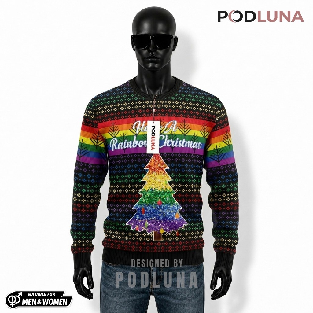 Rainbow Ugly Christmas Sweater Pride Tree Pattern Front