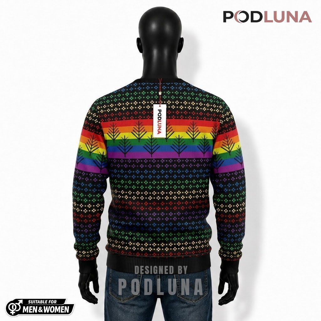 Rainbow Ugly Christmas Sweater Pride Tree Pattern Back Rainbow Ugly Christmas Sweater Pride Tree Pattern Back