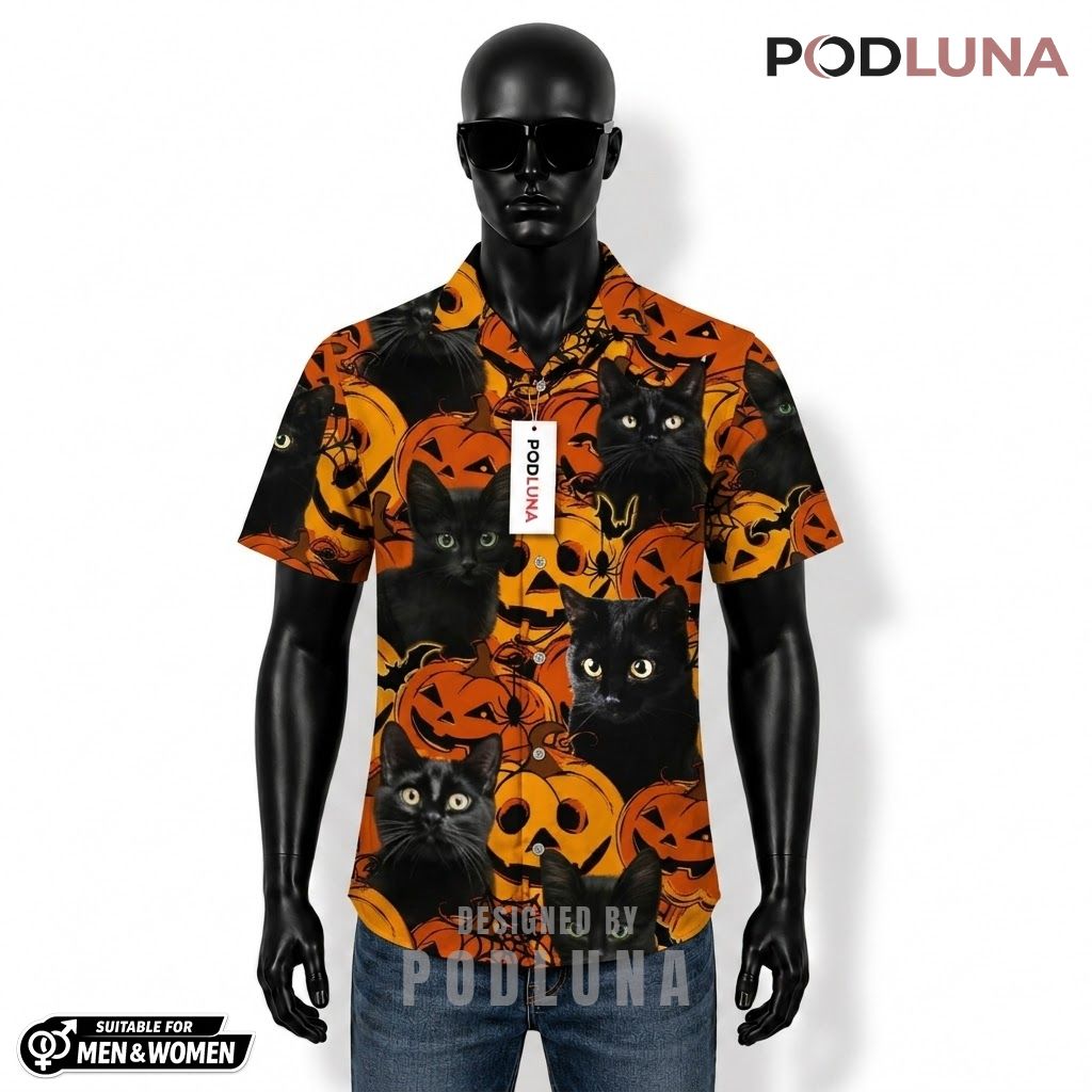 Realistic Cat Halloween Hawaiian Shirt Jack Lantern Spider Front