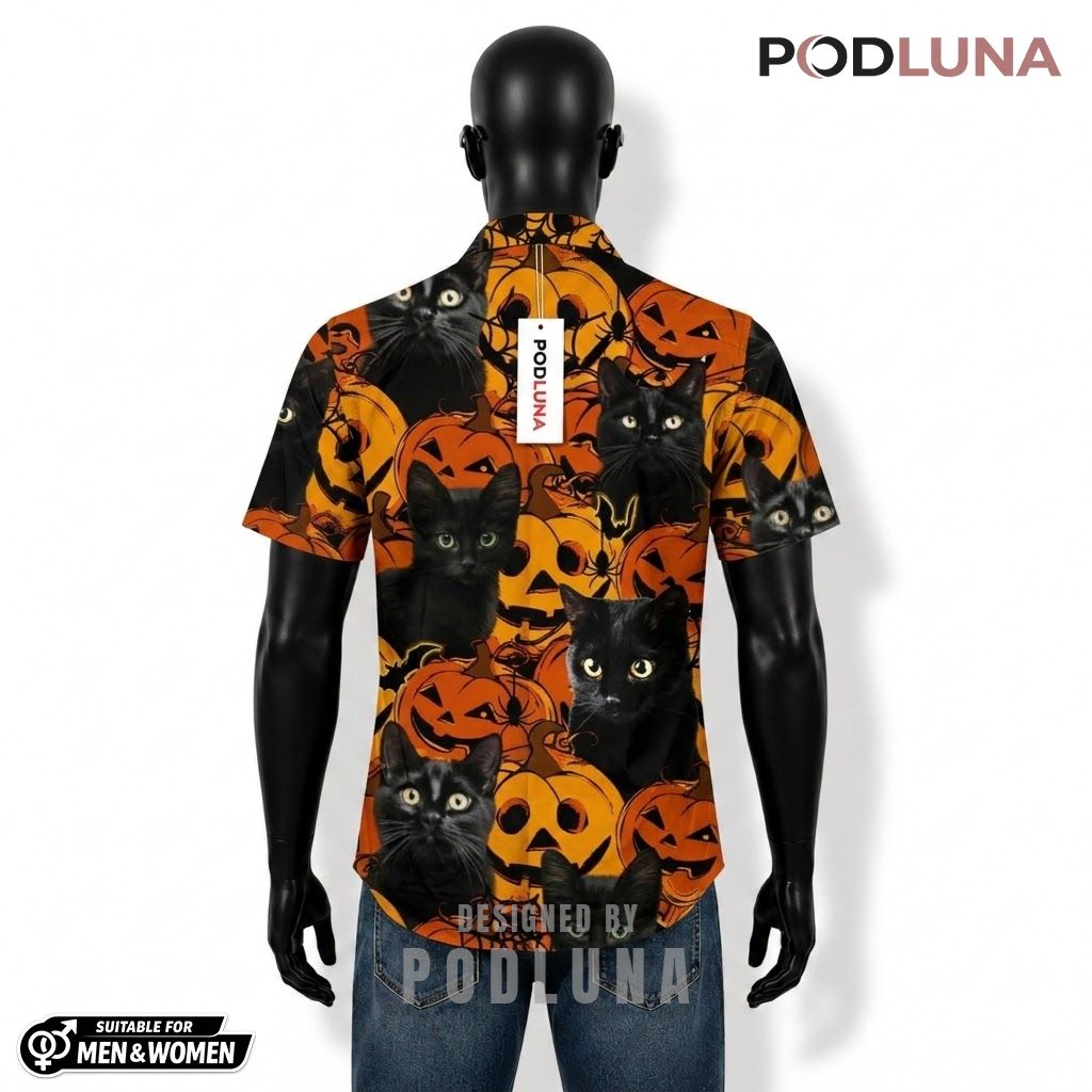 Realistic Cat Halloween Hawaiian Shirt Jack Lantern Spider Back Realistic Cat Halloween Hawaiian Shirt Jack Lantern Spider Back