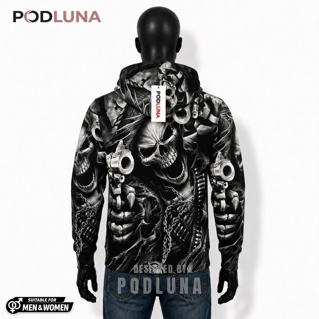 Reaper Halloween 3D Hoodie Dual Pistol Skull Graphic 2 Reaper Halloween 3D Hoodie Dual Pistol Skull Graphic 2
