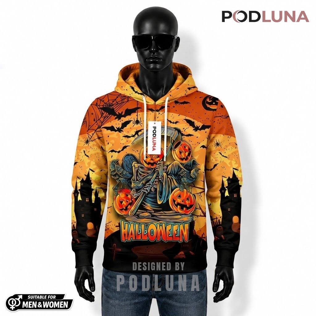 Reaper Pumpkin Halloween 3D Hoodie Scythe Castle Silhouette 1