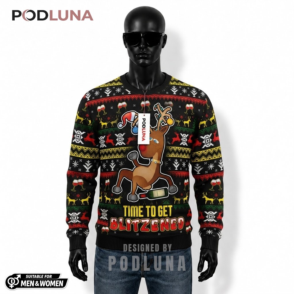 Reindeer Ugly Sweater Christmas Time To Get Blitzened Funny Front