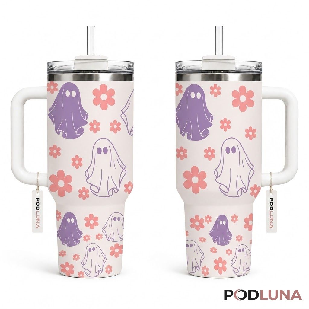 Retro Daisy Ghost Halloween Tumbler 40oz Purple Pink Flower Design