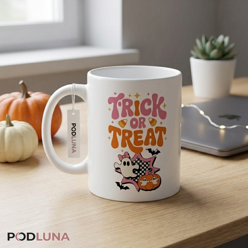 Retro Halloween Mug Trick Or Treat Groovy Ghost Pumpkin 2 Retro Halloween Mug Trick Or Treat Groovy Ghost Pumpkin 2