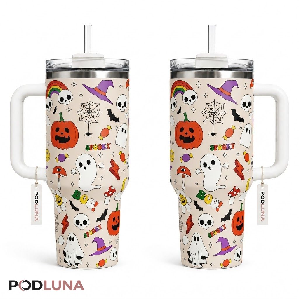 Retro Sticker Halloween Tumbler 40oz Ghost Skull Boo Pumpkin Design