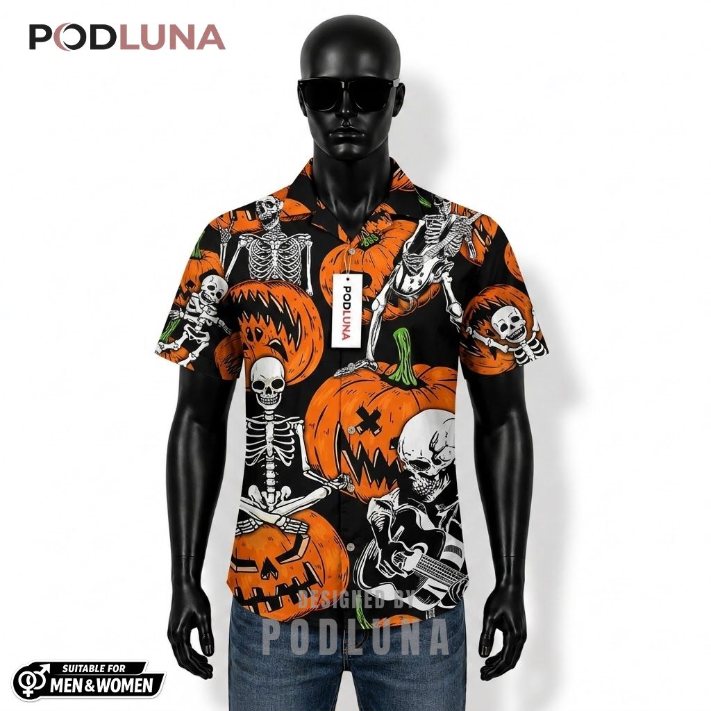 Rock Skeleton Halloween Hawaiian Shirt Guitar Jagged Pumpkin Front