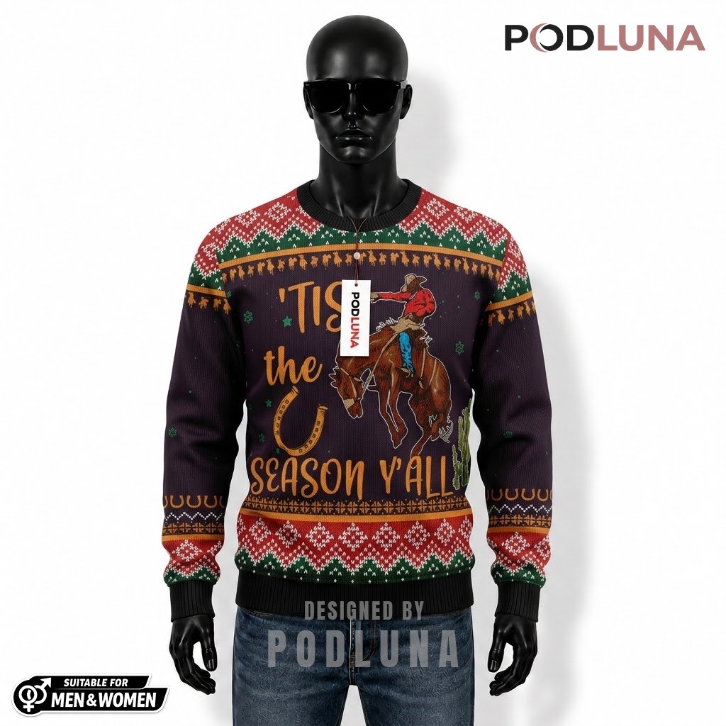 Rodeo Cowboy Ugly Christmas Sweater 'Tis The Season Y'all Front