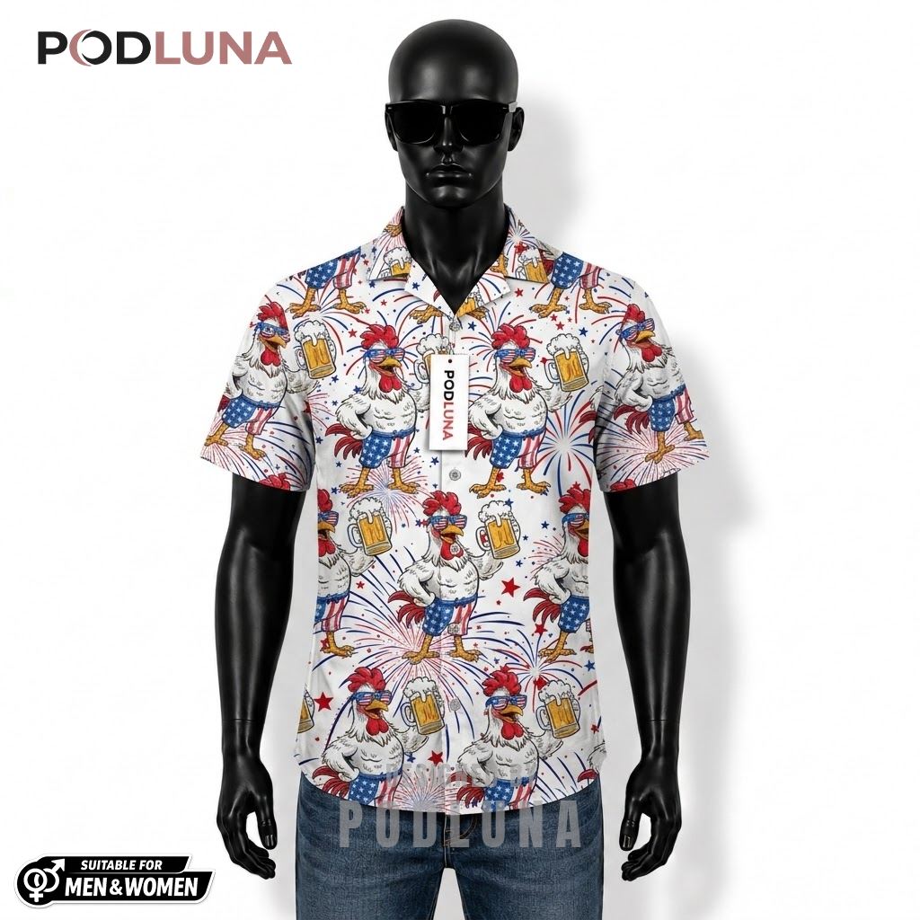 Rooster Beer Hawaiian Shirt American Firework Pattern Front