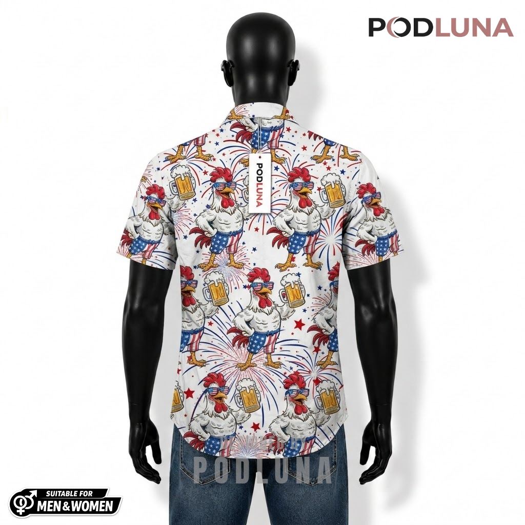 Rooster Beer Hawaiian Shirt American Firework Pattern Back Rooster Beer Hawaiian Shirt American Firework Pattern Back
