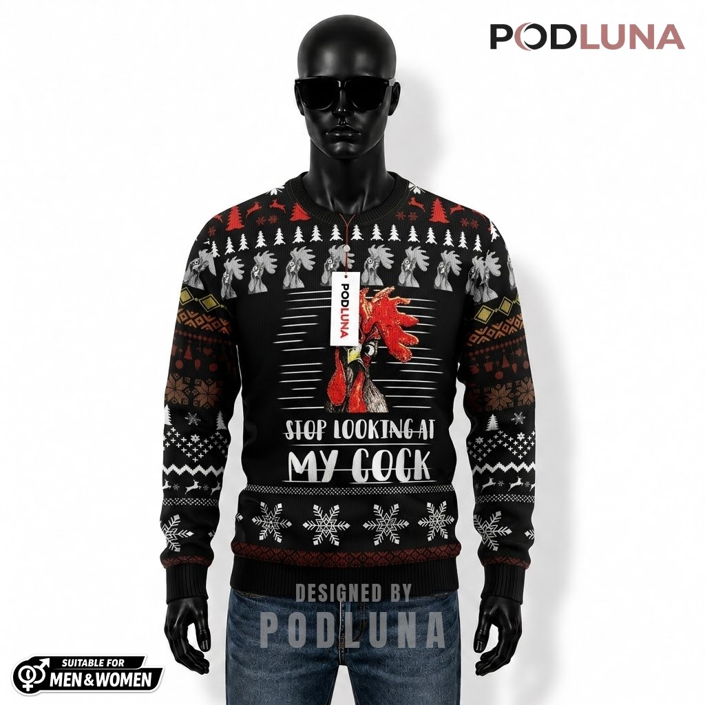 Rooster Ugly Christmas Sweater Stop Looking Funny Front