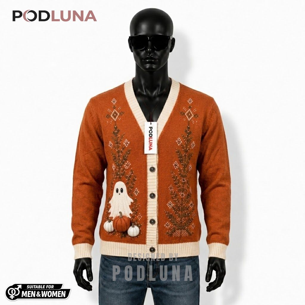 Rust Halloween Cardigan Ghost Pine Pumpkin 1