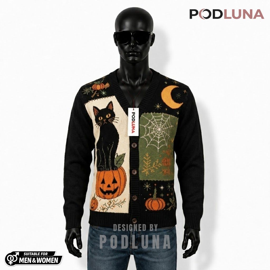 Rustic Halloween Cardigan Black Cat House 1