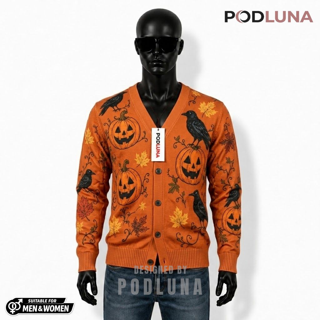 Rustic Halloween Cardigan Pumpkin Crow Autumn Leaves 1