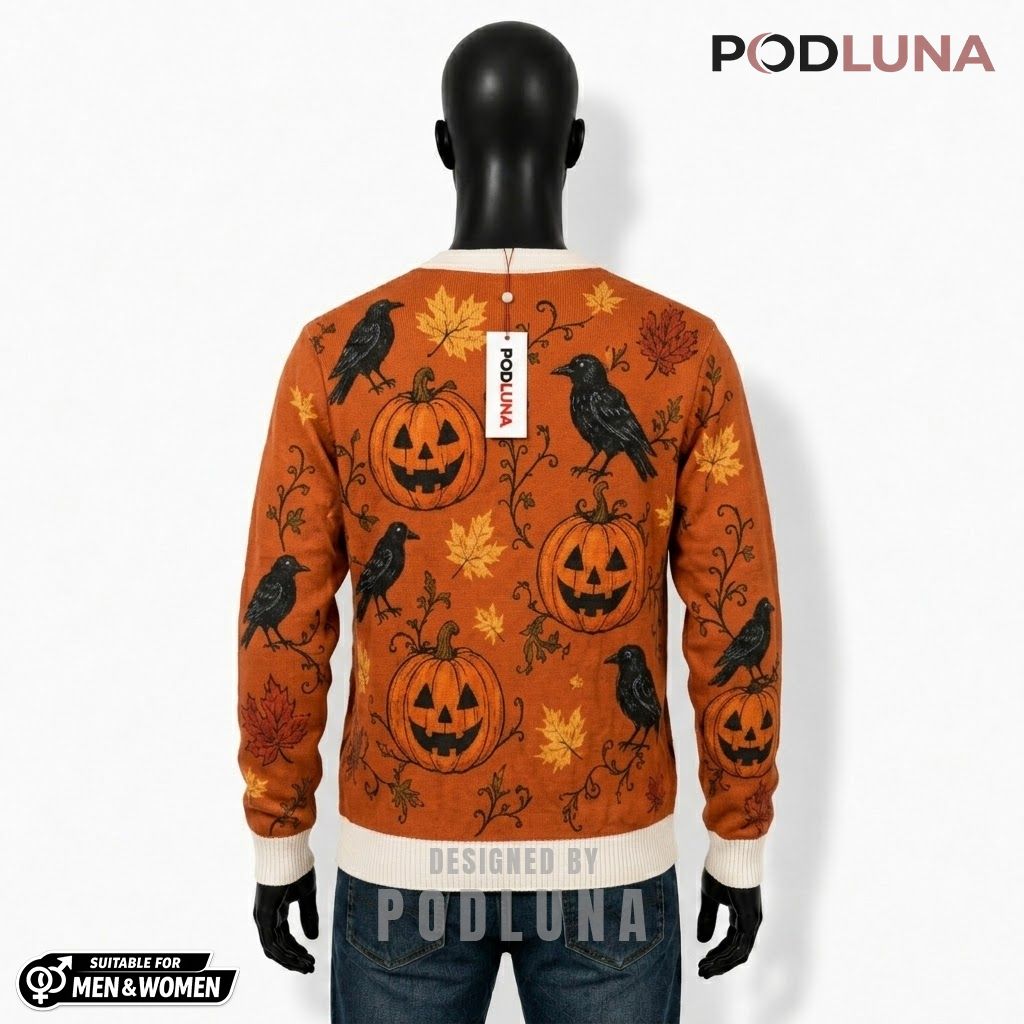 Rustic Halloween Cardigan Pumpkin Crow Autumn Leaves 2 Rustic Halloween Cardigan Pumpkin Crow Autumn Leaves 2