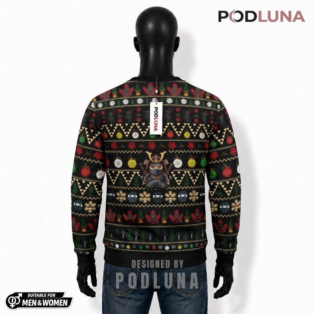 Samurai Cat Ugly Christmas Sweater Japanese Warrior Back Samurai Cat Ugly Christmas Sweater Japanese Warrior Back