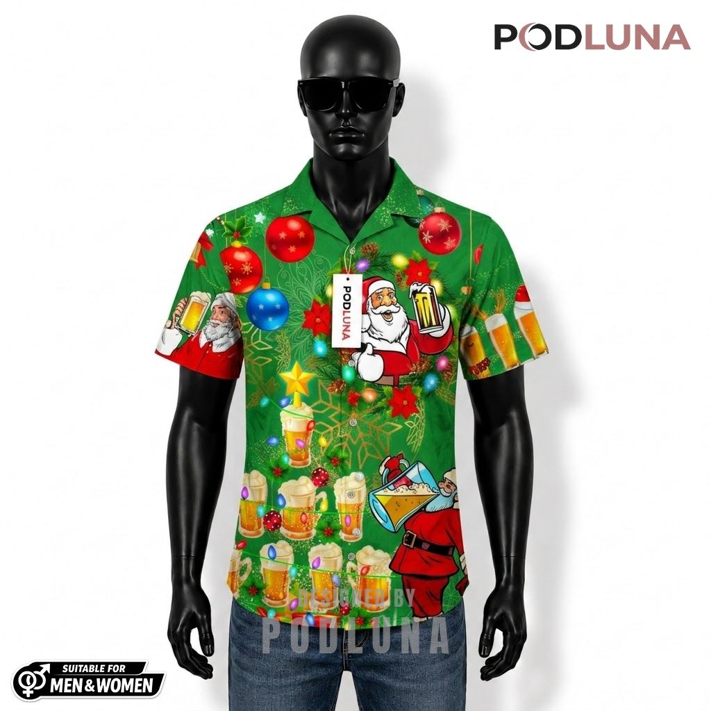 Santa Beer Hawaiian Shirt Christmas Tree Green Front