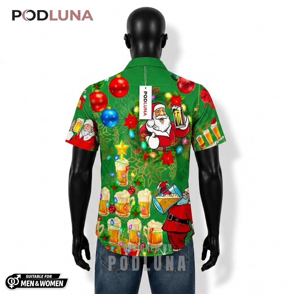 Santa Beer Hawaiian Shirt Christmas Tree Green Back Santa Beer Hawaiian Shirt Christmas Tree Green Back