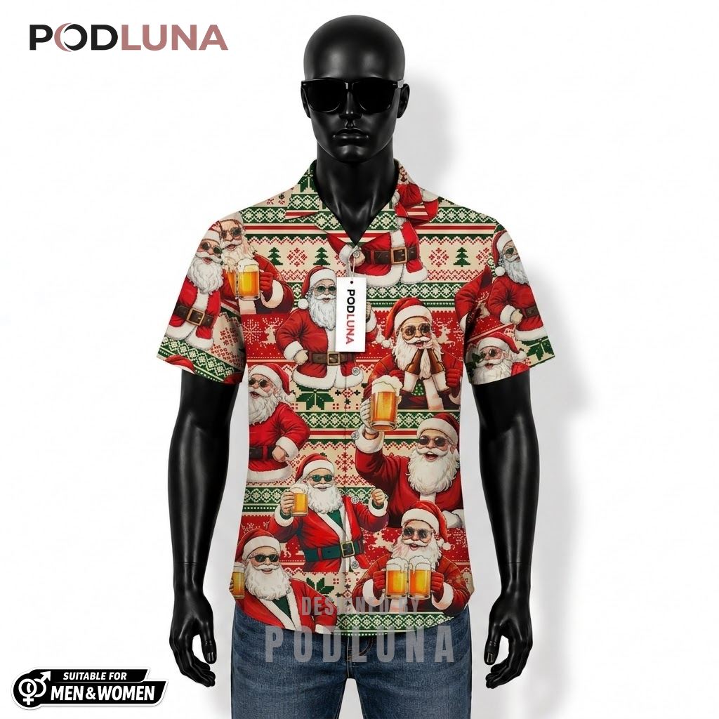 Santa Beer Hawaiian Shirt Sweater Christmas Pattern Front